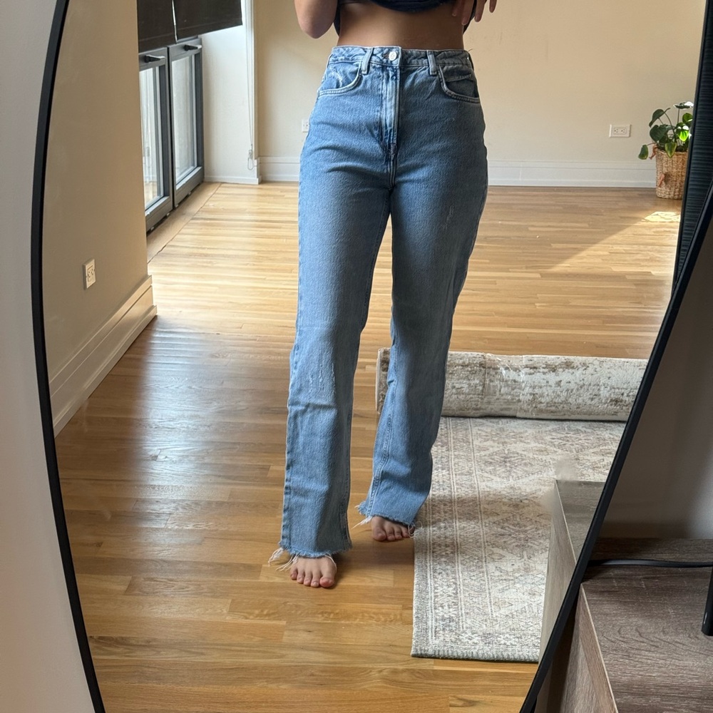 Zara Raw Split Hem Light Blue Women's Straight Leg Jeans